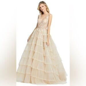 Mac Duggal 20136 Bubbly sleeveless gown with ruffles in Champagne